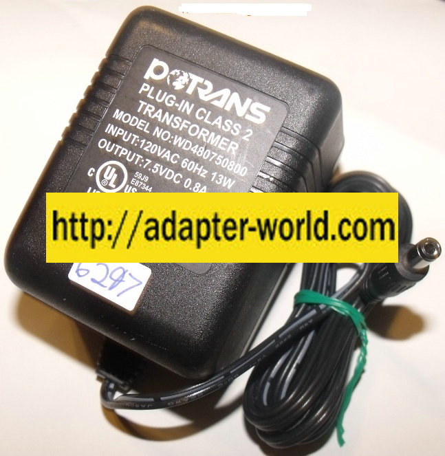 POTRANS WD480750800 AC ADAPTER PLUG-IN CLASS 2 TRANSFORMER 7.5VD
