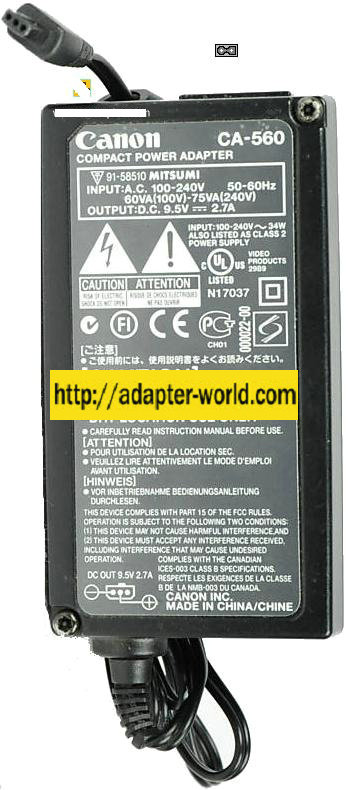 CANON CA-560 AC DC ADAPTER 9.5V 2.7A POWER SUPPLY