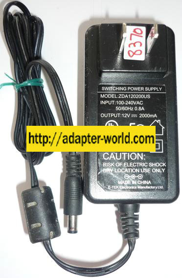 E-TEK ZDA120200US AC ADAPTER 12VDC 2000mA NEW -( ) 2.5x5.5mm SW