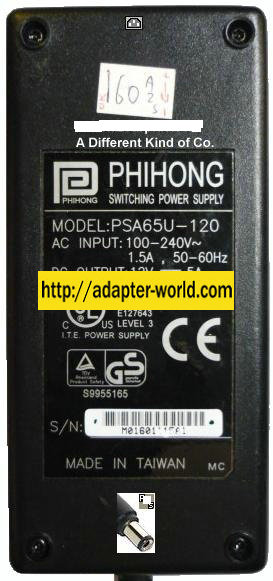 PHIHONG PSA65U-120 AC ADAPTER 12Vdc 5A -( ) 2x5.5mm New 100-240