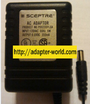 SCEPTRE PD9200PL6A AC ADAPTER 9VDC 200mA New -( ) 2.5x5.5mm 120