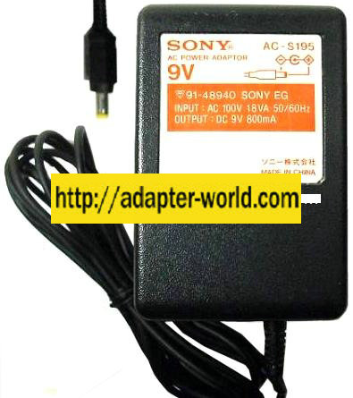 SONY AC-S195 AC ADAPTER 9VDC 800mA -( )- NEW 1.8x4.5x9.4mm
