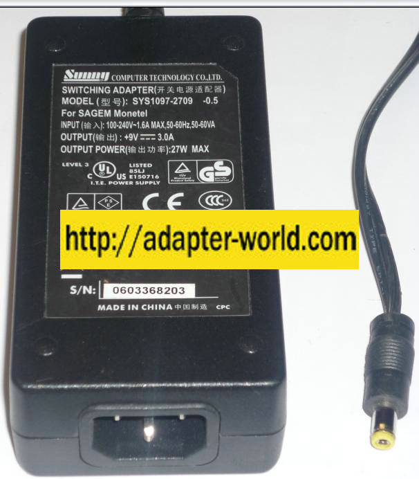 SUNNY SYS1097-2709 AC ADAPTER 9VDC 3A 27W -( ) 2x5.7mm ROUND BA