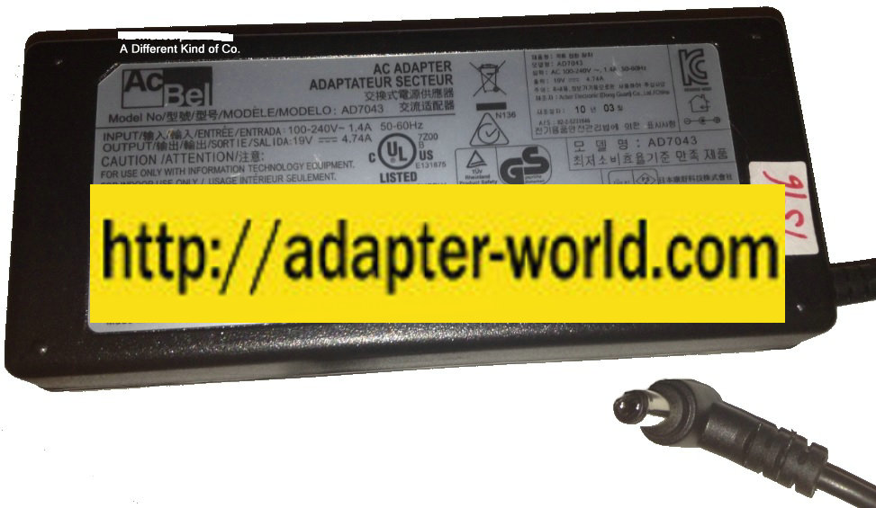 ACBEL AD7043 AC ADAPTER 19VDC 4.74A New -( )- 2.7 x 5.4 x 90 De