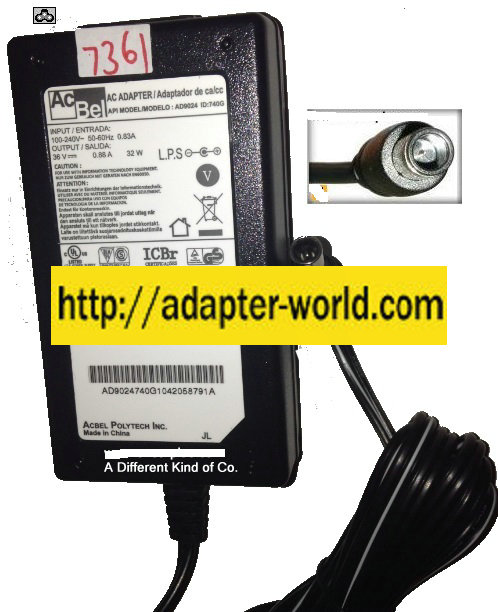 ACBEL AD9024 AC ADAPTER 36VDC 0.88A 32W New 4.3 x 6 x 10 mm Stra