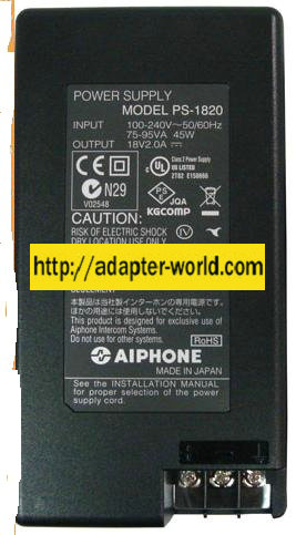 AIPHONE PS-1820 AC ADAPTER 18V 2.0A Video Intercom POWER SUPPLY
