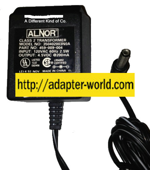 ALNOR 350402003N0A AC ADAPTER 4.5VDC 200mA New (-) 2 x 4.8 x 1