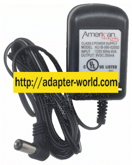 AMERICAN TELECOM KU1B-090-0200D AC ADAPTER 9VDC 200mA -( )-New