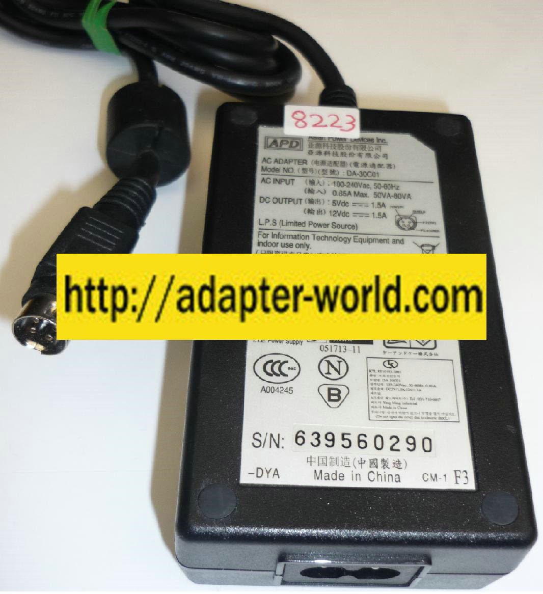 APD DA-30C01 AC adapter 5Vdc 12V 4 PIN Mini Din Connector Asian