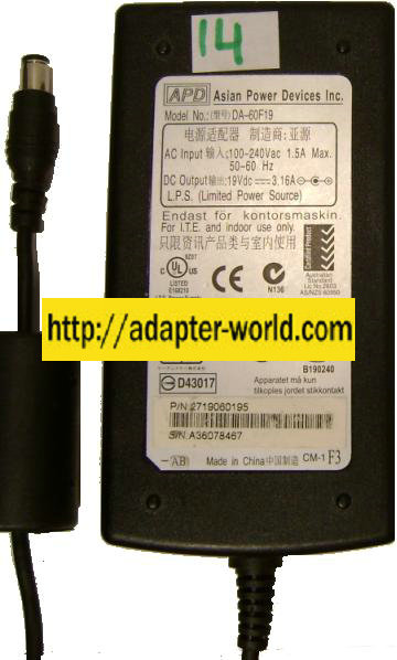 APD DA-60F19 AC Adapter 19VDC 3.16A -( ) 3x6.5mm 100-240vac Use