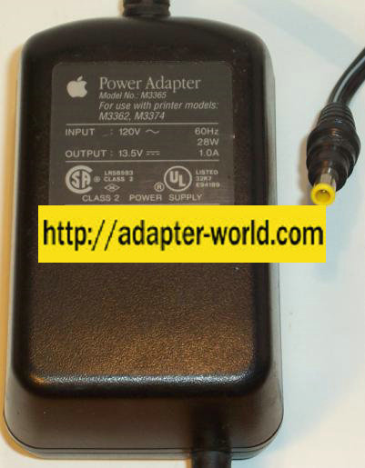 APPLE M3365 AC ADAPTER 13.5Vdc 1A -( ) 1x3.4x4.8mm tip 120vac 28