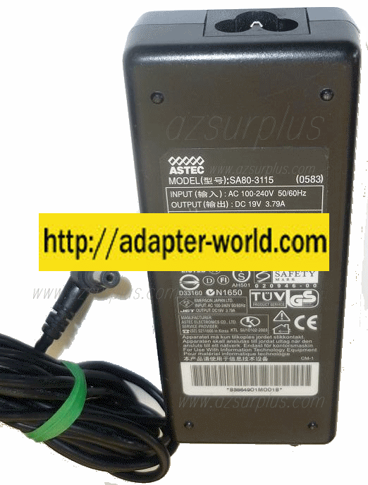 ASTEC SA80-3115 AC ADAPTER 19VDC 3.79A 72W NEW -( ) 2.5x5.5x12.
