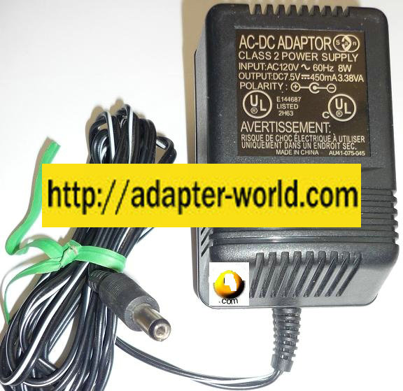 AU41-075-045 AC ADAPTER 7.5VDC 450mA 3.38VA NEW (-) 1.8x5.5mm