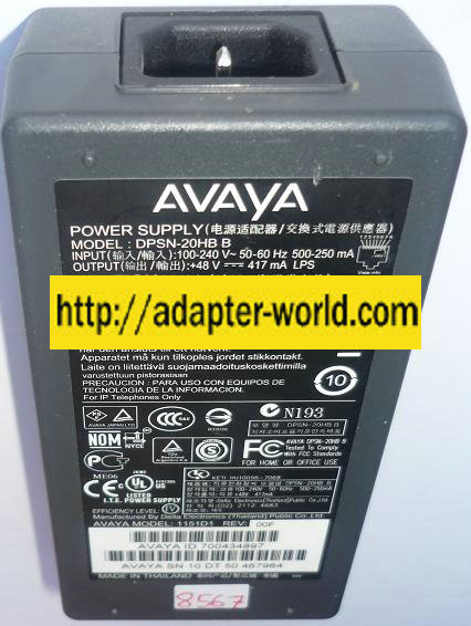 AVAYA DPSN-20HB B 48V 417mA NEW NETWORK INJECTOR PLUG IN TRANS