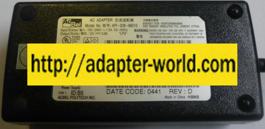 AcBel API-208-98010 AC ADAPTER 12VDC 3.6A POWER SUPPLY API-208-