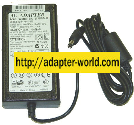 AcBel API-7629 AC ADAPTER 19VDC 3.16A 2.5x5.5mm -( ) New 90 ° 10