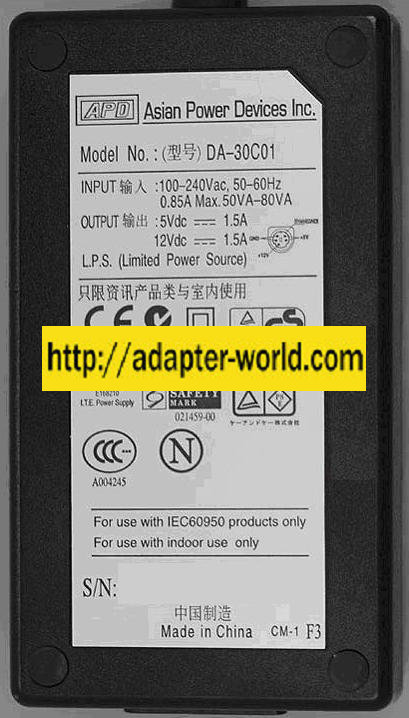 APD DA-30C01 AC adapter 5Vdc 12V Asian Power Devices 5 Pin Power