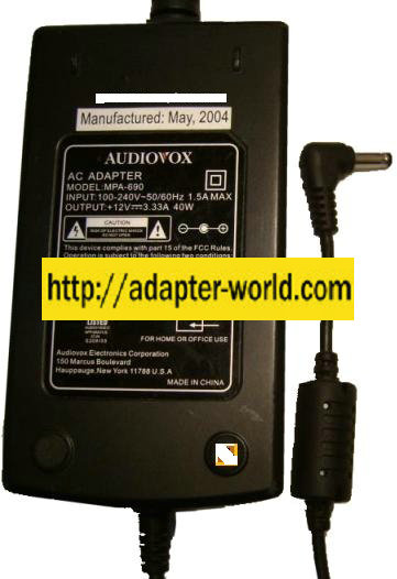 Audiovox MPA-690 AC Adapter 12VDC 3.33A 40W Power Supply DVD Pla