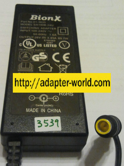 Bionx SA190B-24U AC ADAPTER 26Vdc 3.45A -( )- 89.7W Charger ITE