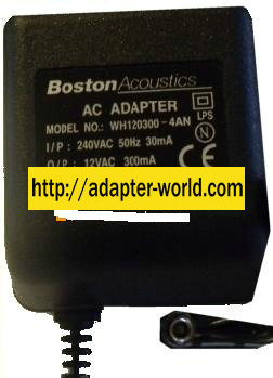 BOSTON WH120300-4AN AC ADAPTER 12VAC 300mA NEW AUSTRALIA PLUG