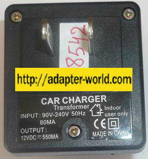 CAR CHARGER 12VDC 550mA NEW PLUG IN TRANSFORMER POWER SUPPLY 90