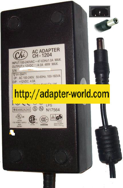 CHI CH-1204 AC Adapter 12VDC 4A NEW -( ) 2.5x5.5mm ROUND BARREL
