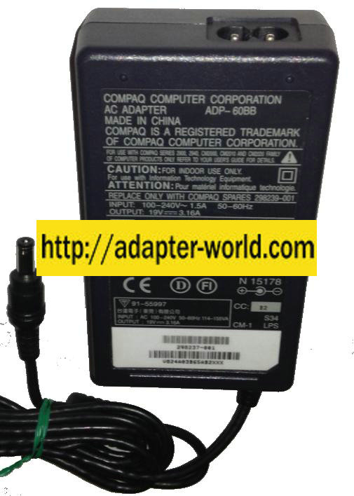 COMPAQ ADP-60BB AC ADAPTER 19VDC 3.16A New 2.5x5.5mm -( )- 100-