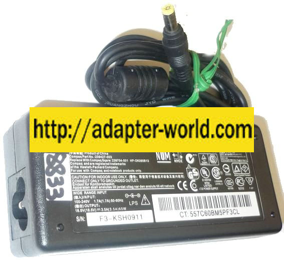 COMPAQ PPP009H AC ADAPTER 18.5VDC 3.5A 65W NEW -( ) 1.5x4.7mm R