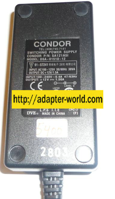 CONDOR DSA-0151D-12 AC ADAPTER 12V DC 1.5A 2pins Mo POWER SUPPL