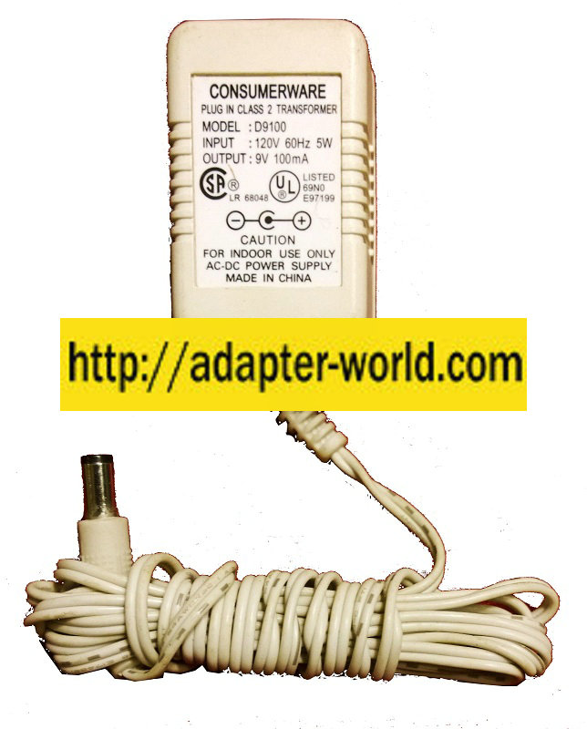 CONSUMERWARE D9100 AC ADAPTER 9VDC 100mA -( ) New 2 x 5.4 x 11
