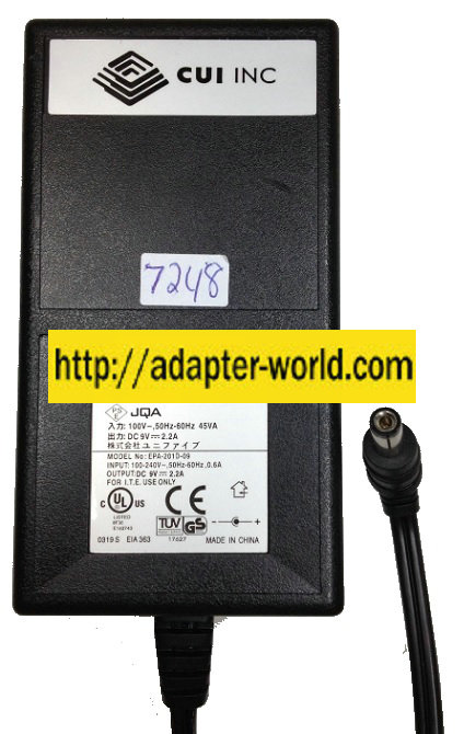 CUI INC EPA-201D-09 AC ADAPTER 9VDC 2.2A New -( )- 2x5.4mm Stra