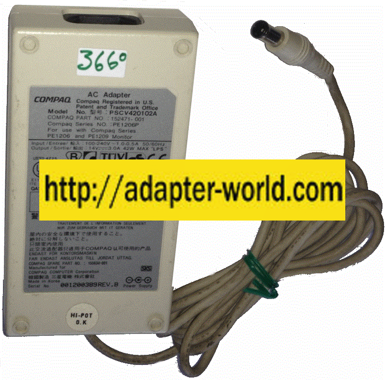 Compaq PSCV420102A AC ADAPTER 14Vdc 3A -( ) 4.4x6mm POWER SUPPLY