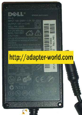 DELL PA-3 AC ADAPTER 19Vdc 2.4A 2.5x5.5mm -( ) POWER SUPPLY