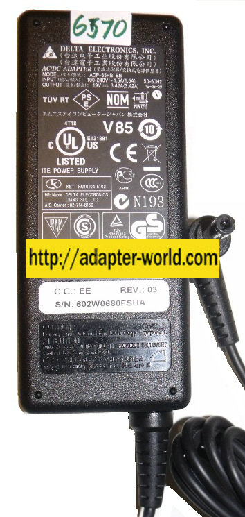 DELTA ADP-65HB BB AC ADAPTER 19VDC 3.42A New-( ) 2.5x5.5mm 100-