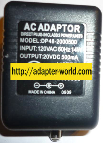 AC Adaptor DP48-2000500 20V DC 500mA -( ) RF POWER SUPPLY Adapte