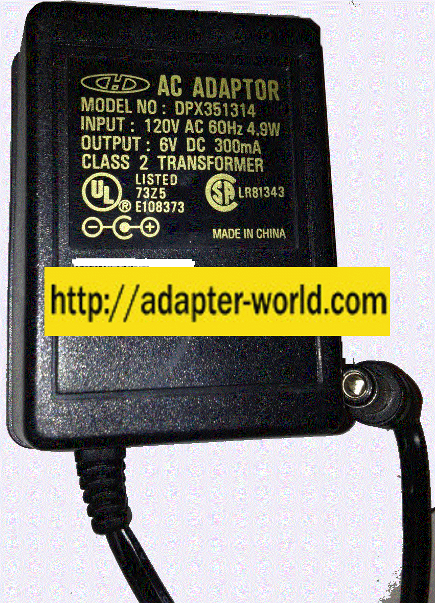 DPX351314 AC ADAPTER 6VDC 300mA New -( )- 2.4 x 5.3 x 10 mm Str