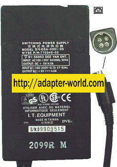 DVE DSA-0301-05 AC ADAPTER 5VDC 4A 4PIN Mini Din SWITCHING POWER