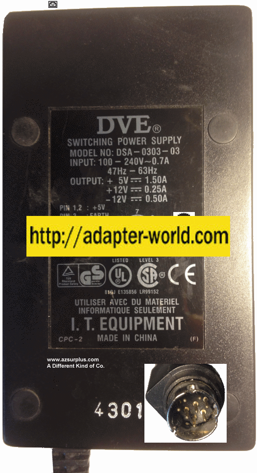 DVE DSA-0303-03 AC ADAPTER 5Vdc 1.5A 12Vdc 0.25A -12V 0.5A 8Pin