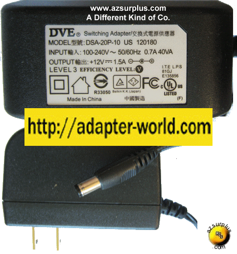 DVE DSA-20P-10 US AC ADAPTER 12Vdc 1.5A ( )-2.5x5.5mm SWITCHING