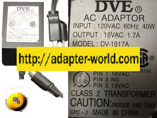 DVE DV-1817A AC ADAPTER 18VAC 1.7A PLUG-IN CLASS 2 TRANSFORMER
