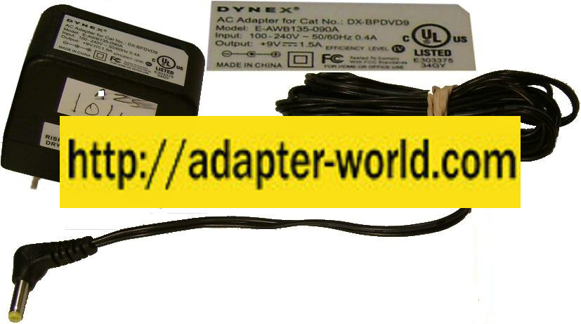 DYNEX E-AWB135-090A AC ADAPTER 9VDC 1.5A DX-BPDVD9 SWITCHING Pow