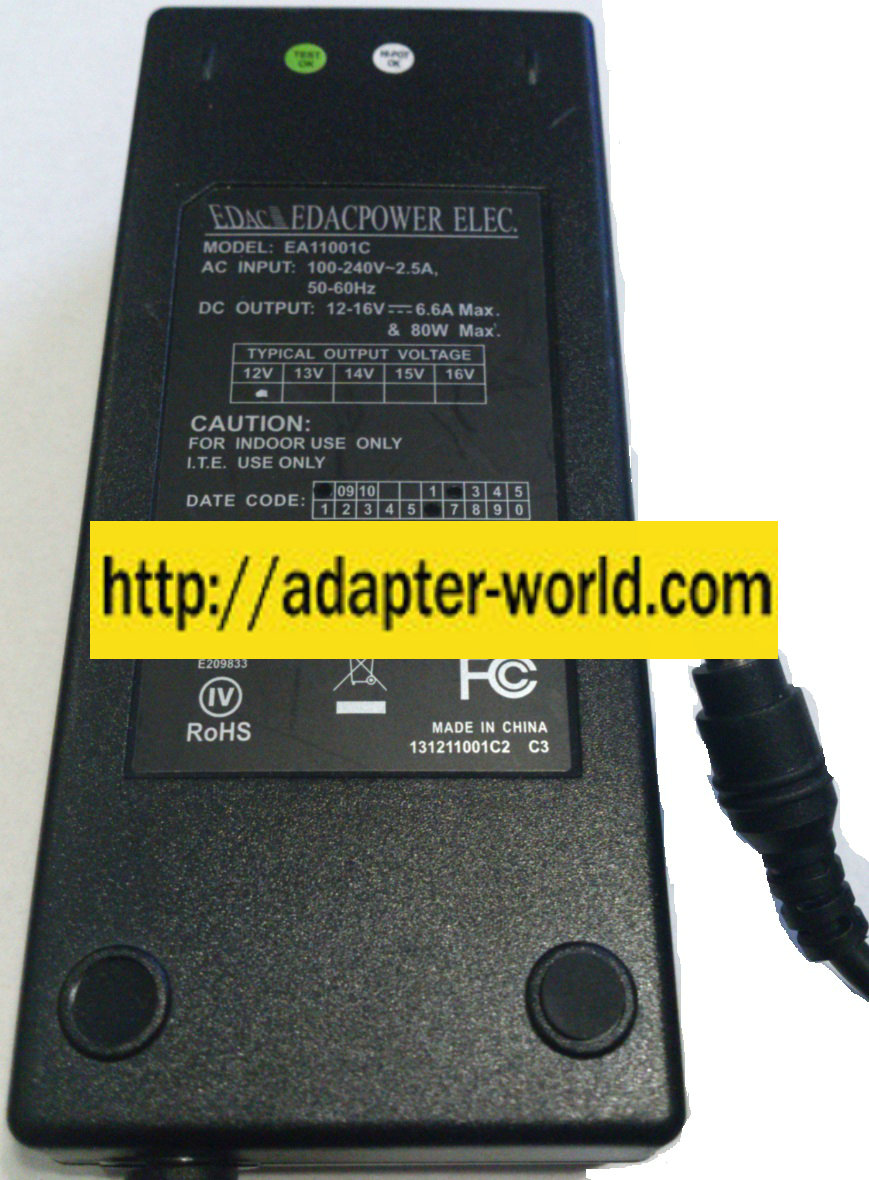 EDAC EA11001C AC ADAPTER 12VDC 6.6A 80W NEW 2x5.5x10mm -( )- 10