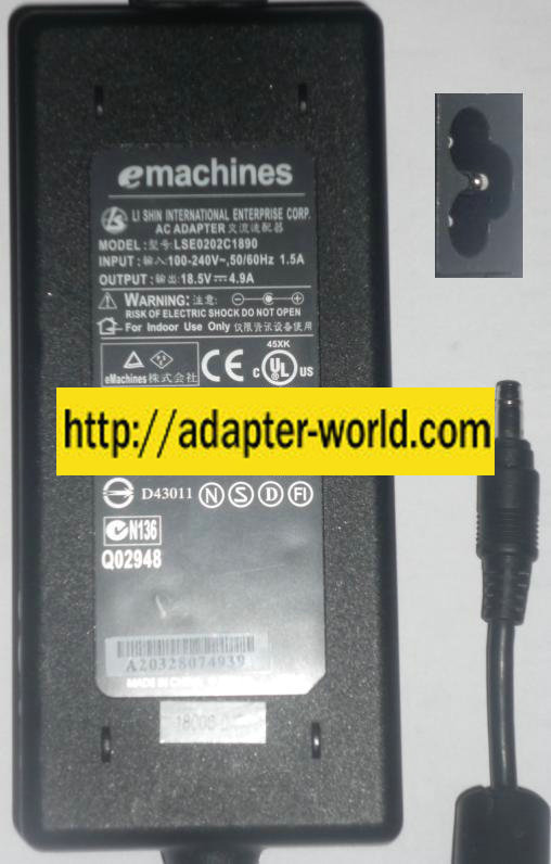 EMACHINES LSE0202C1890 AC ADAPTER 18.5VDC 4.9A POWER SUPPLY