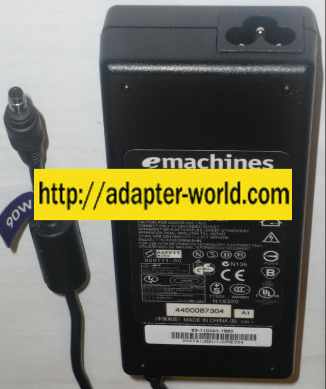 EMACHINES LITEON PA-1900-05 AC ADAPTER 18.5VDC 4.9A POWER SUPPLY