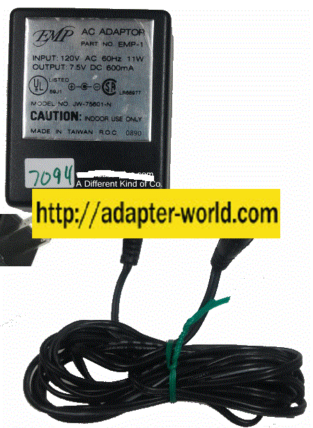 EMP JW-75601-N AC ADAPTER 7.5VC 600mA New (-) 2x5.5mm 120vac 2