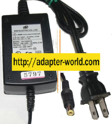 ENG 3A-152DU15 AC ADAPTER 15Vdc 1A -( ) 1.5x4.7mm ite power supp