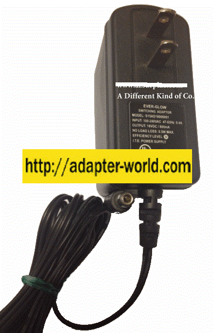 EVER-GLOW S15AD18008001 AC ADAPTER 18VDC 800mA -( ) 2.4x5.4mm St