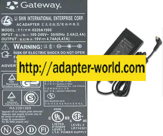 GATEWAY LISHIN 0220A1990 AC ADAPTER 19VDC 4.74A LAPTOP POWER SUP