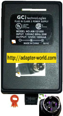 GCI AM-121000 3Pin AC ADAPTER 12VDC 1A 3Pin Amigo 1000mA 20W Plu