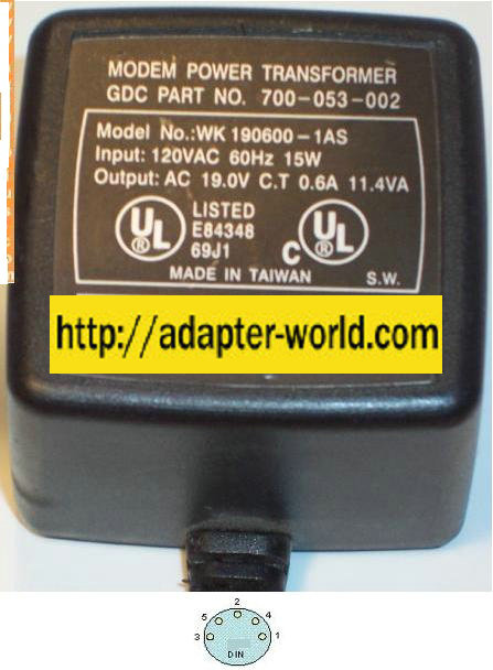 GDC WK 190600-1AS AC ADAPTER 19VAC 0.6A 11.4VA NEW 5PIN DIN 13m